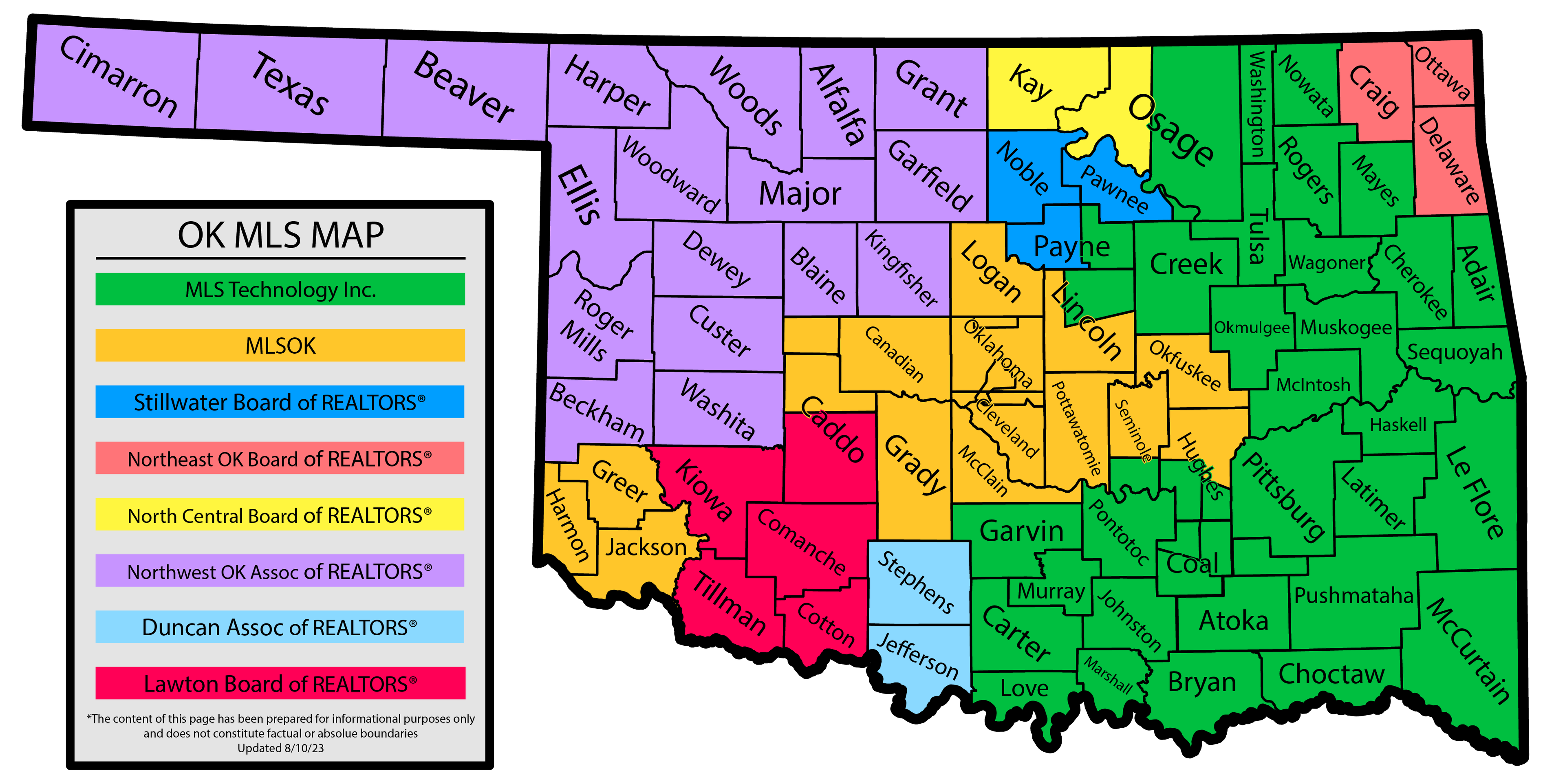 Oklahoma MLS Coverage Map showing different MLS regions across all 77 counties